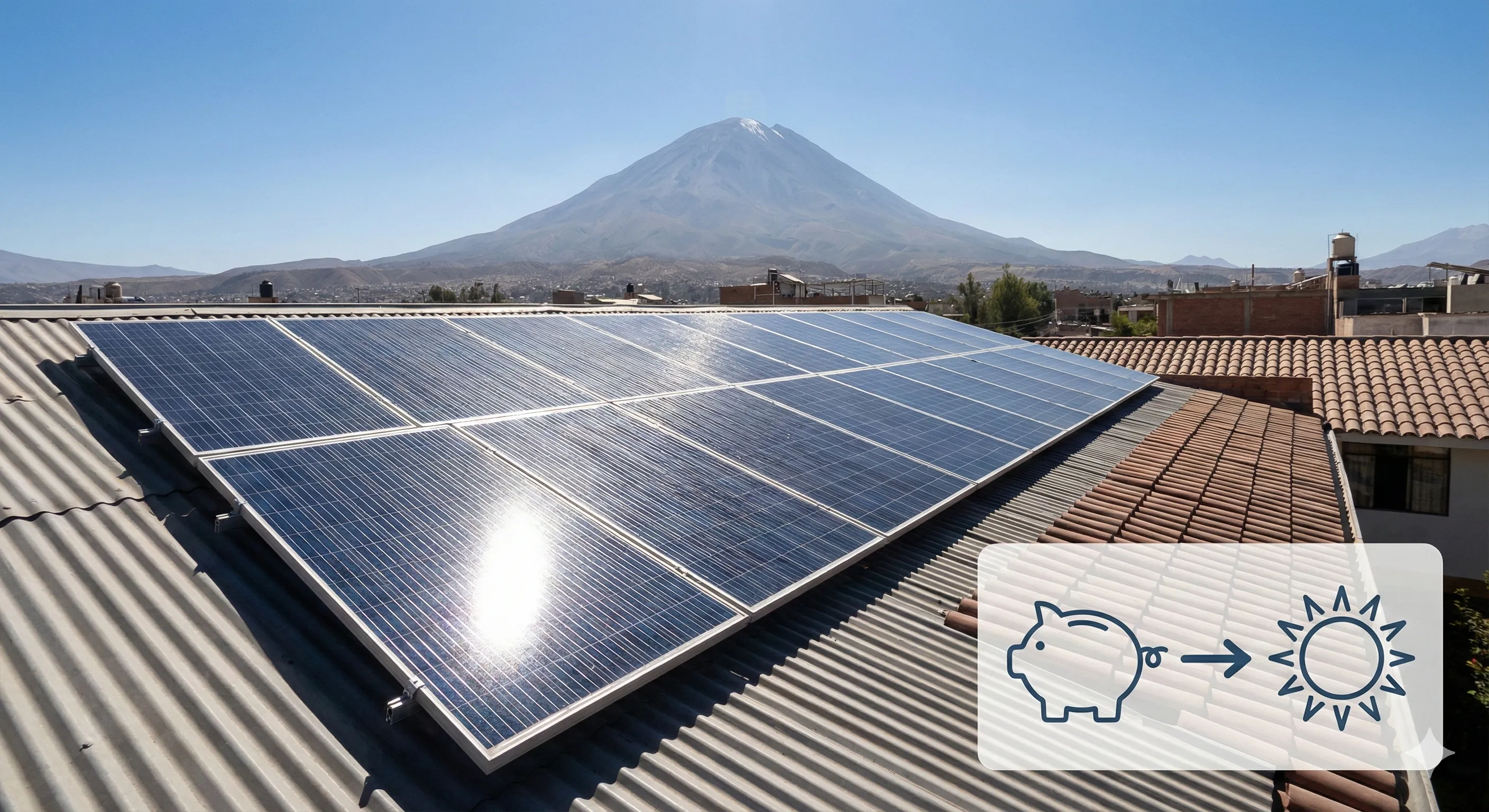 Instalación de paneles solares fotovoltaicos en un techo residencial con sol radiante