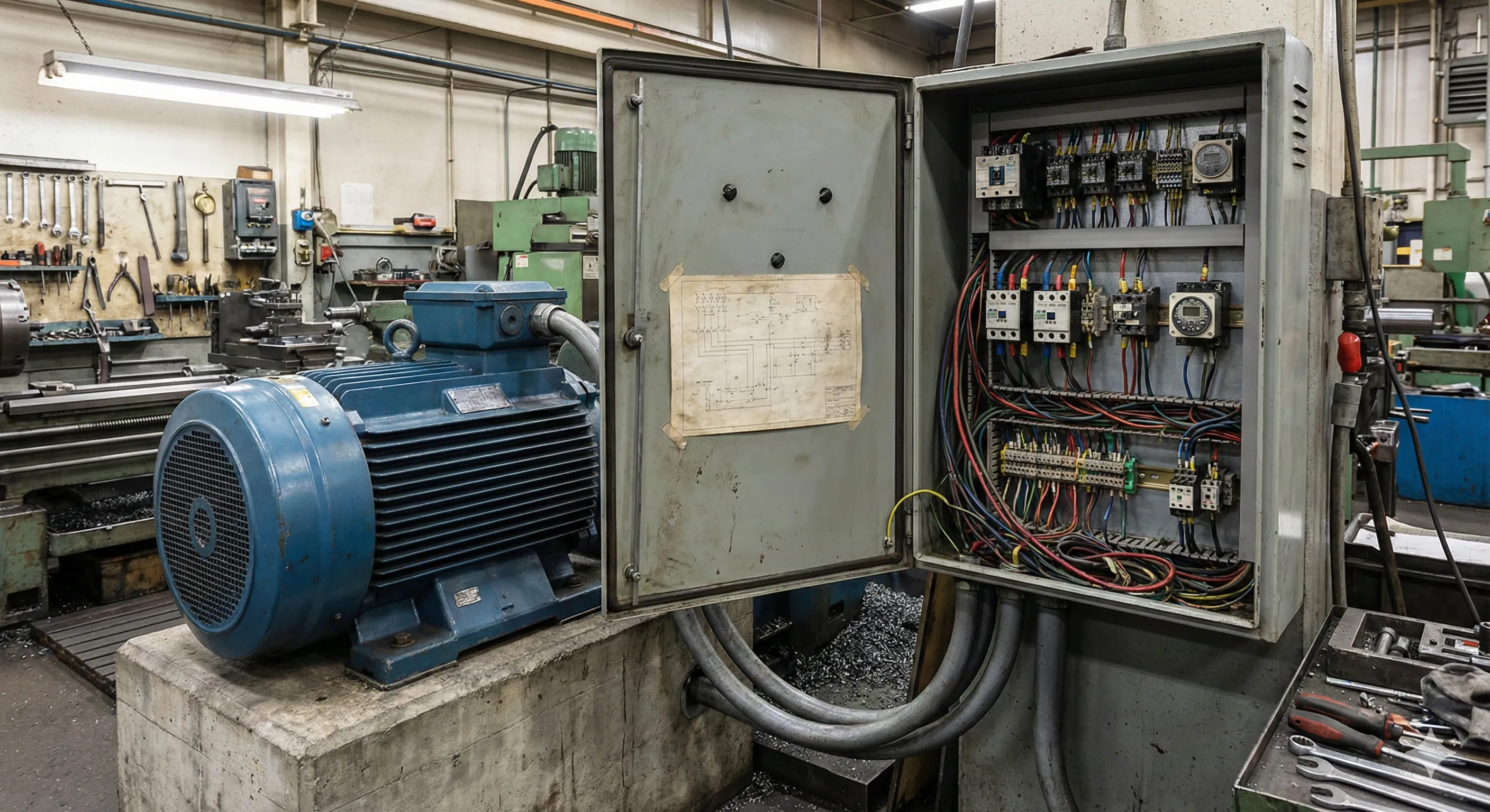 Tablero de control industrial con contactores y relés para arranque de motor