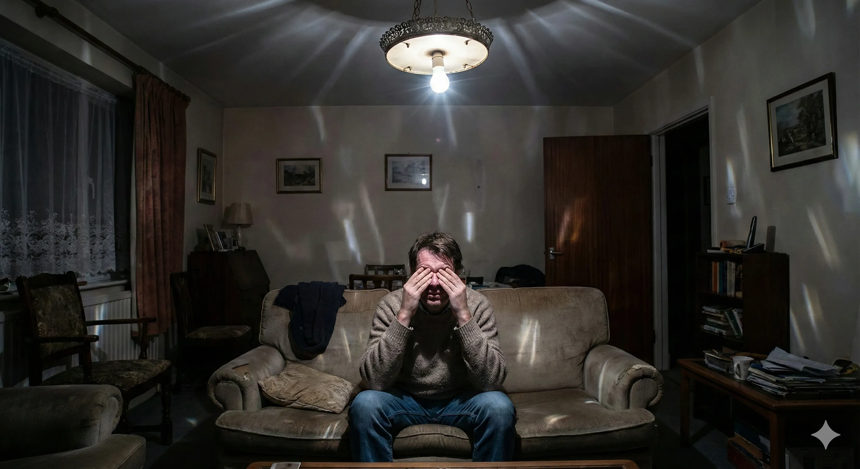 Persona frotándose los ojos por fatiga visual debido a mala iluminación en oficina