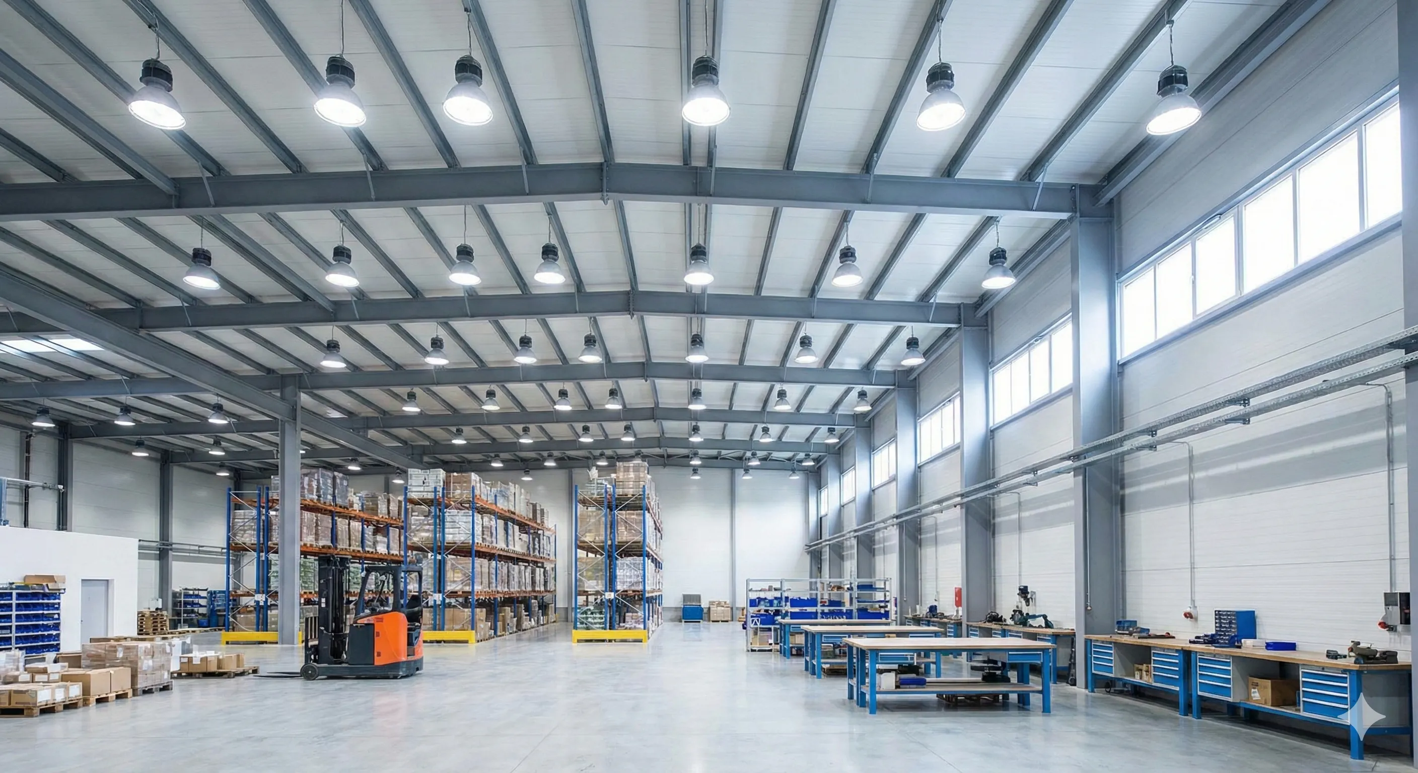 Interior de nave industrial iluminada con campanas LED High Bay de luz blanca