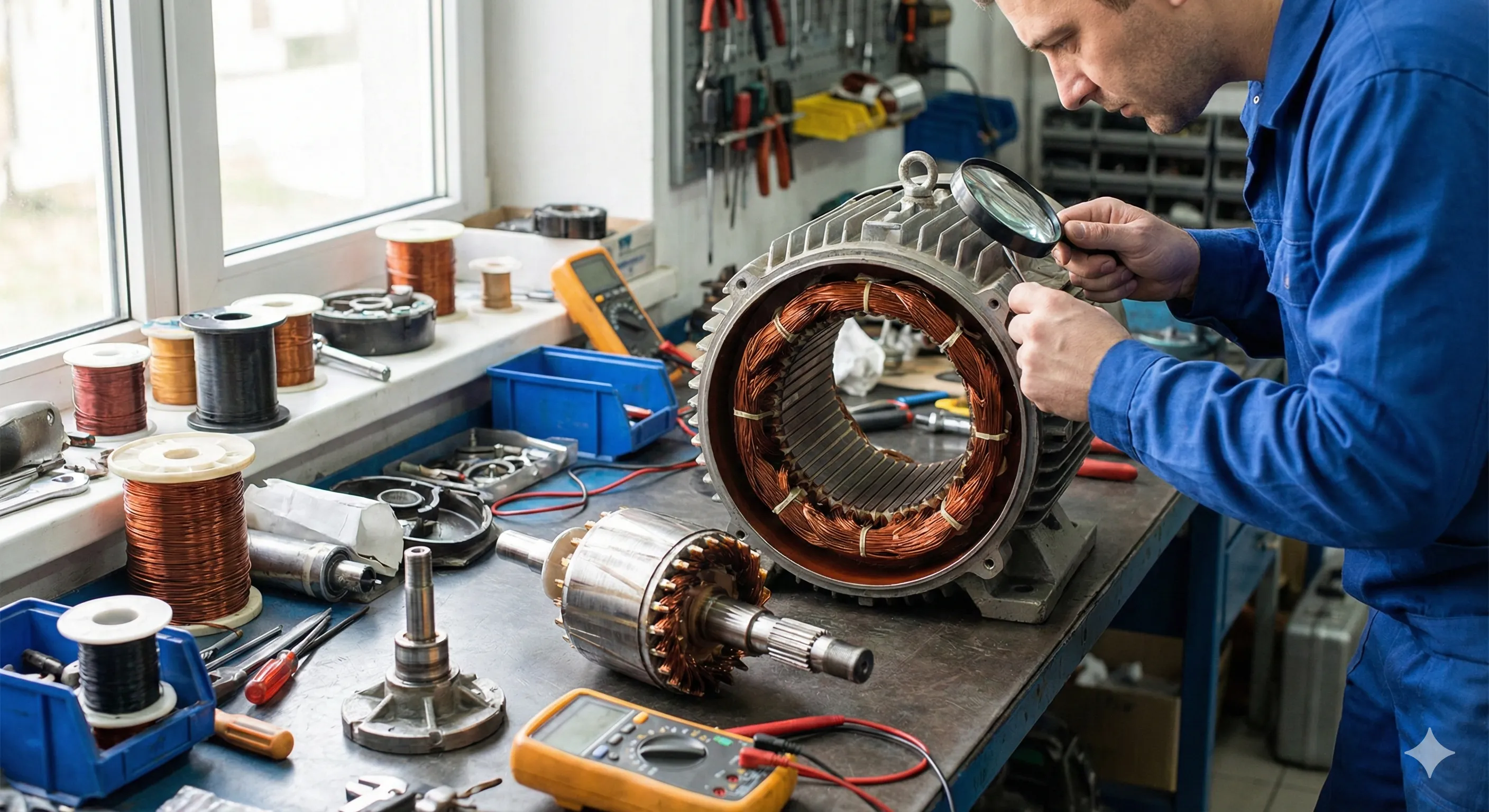 Técnico realizando pruebas de continuidad en un motor eléctrico trifásico