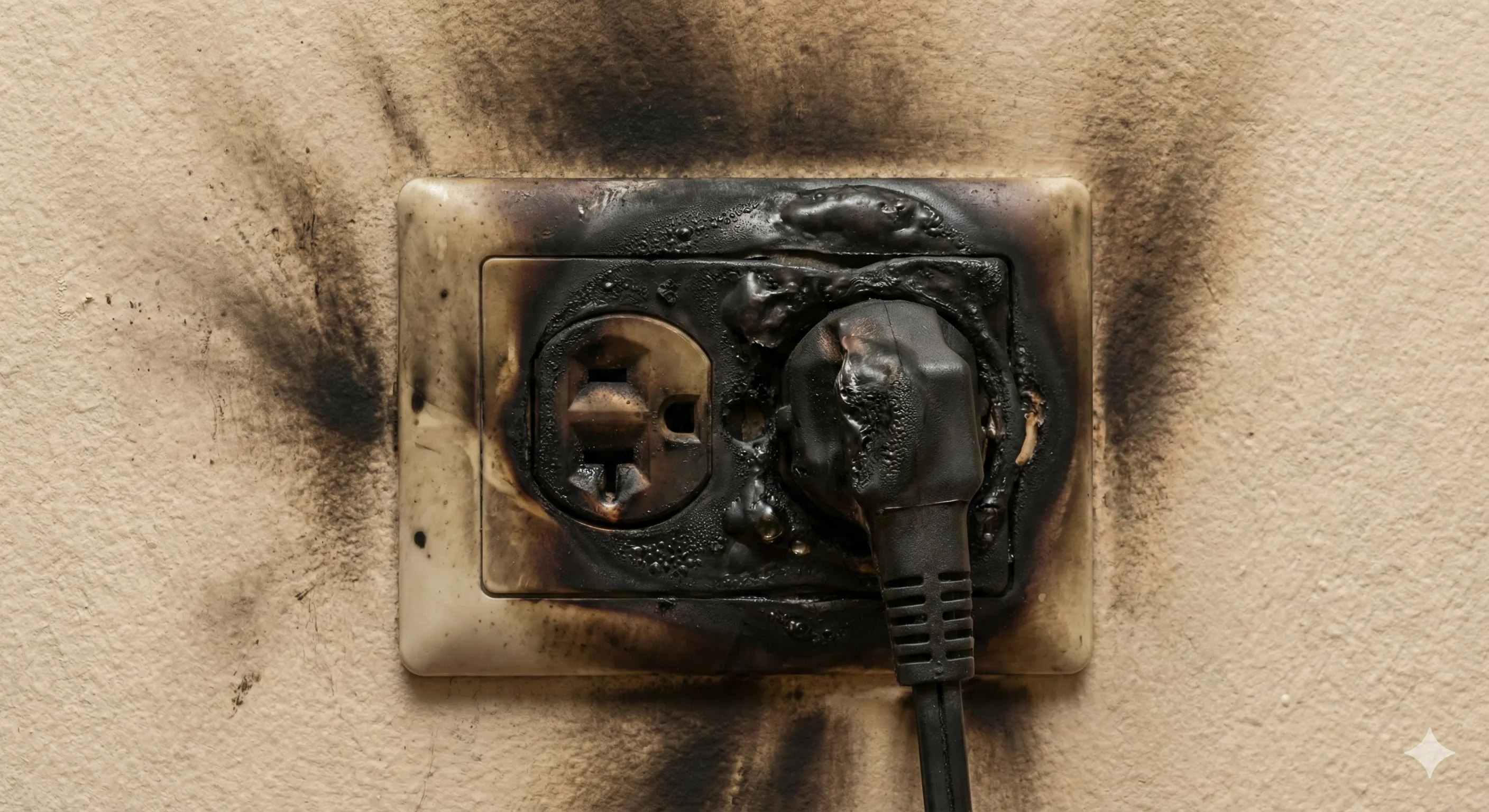 Técnico inspeccionando un tomacorriente quemado y derretido por sobrecarga